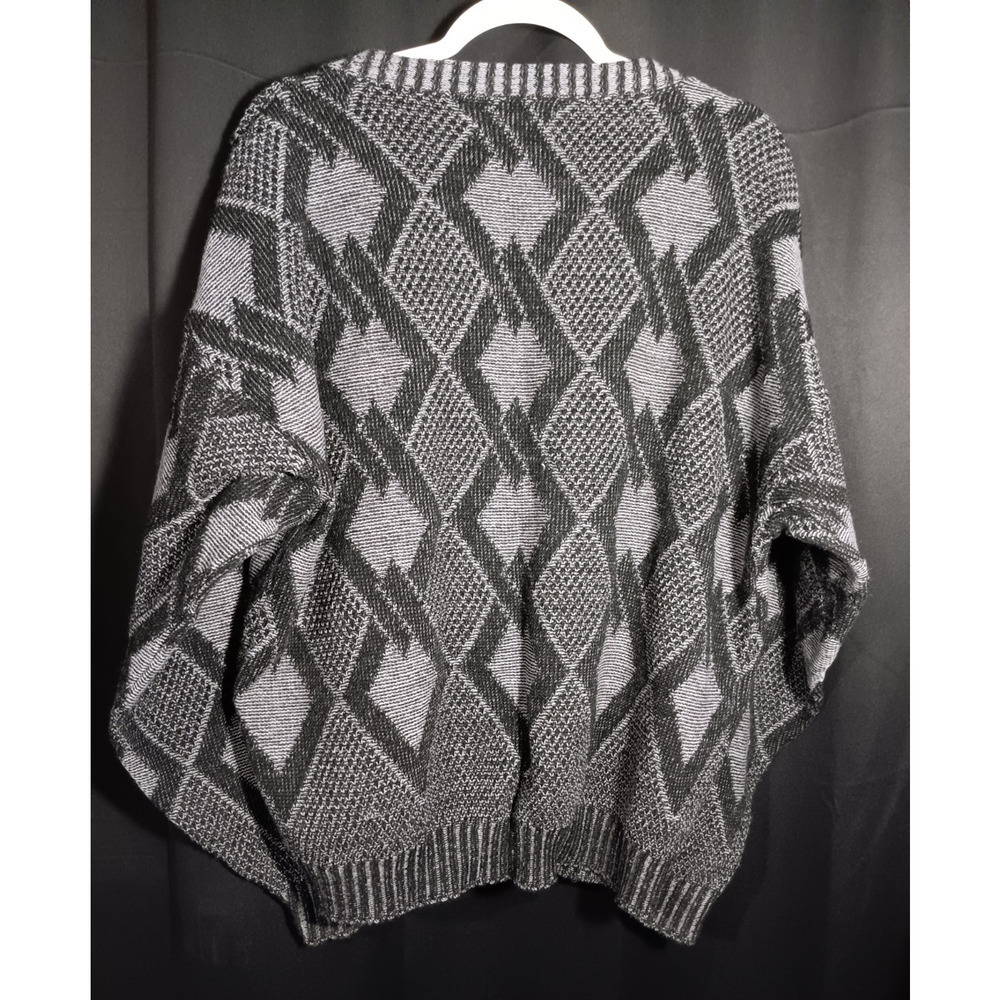 Vtg Poplar Black Gray Diamond Knit Button Front Oversized Cardigan XL USA Made - Picture 5 of 6
